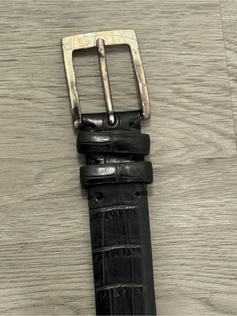 Black Croc-Embossed Leather Men’s Belt with Silver Buckle